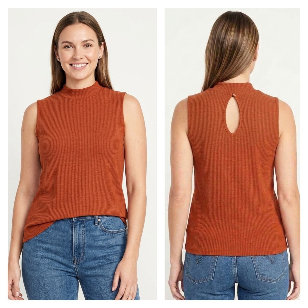 ModCloth Tank Top Womens‎ 3X Rust Orange Ribbed Mock Neck Stretch Back Keyhole
